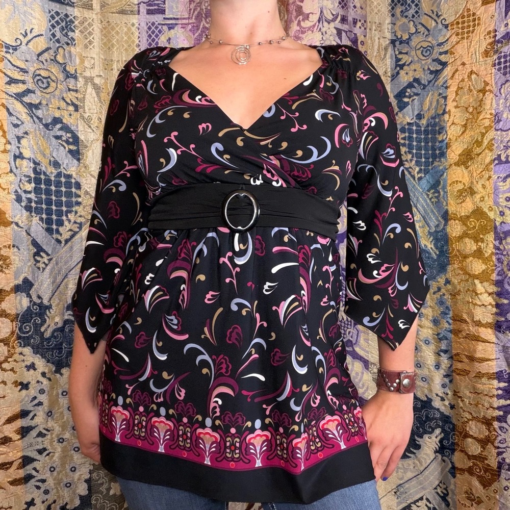 2000's Witchy O-Ring Belted 3/4 Pointed Sleeve Tie Waist Babydoll Top Size M